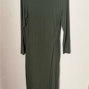 Time and Tru Olive Green Long Sleeve Side-Ruched Midi Dress